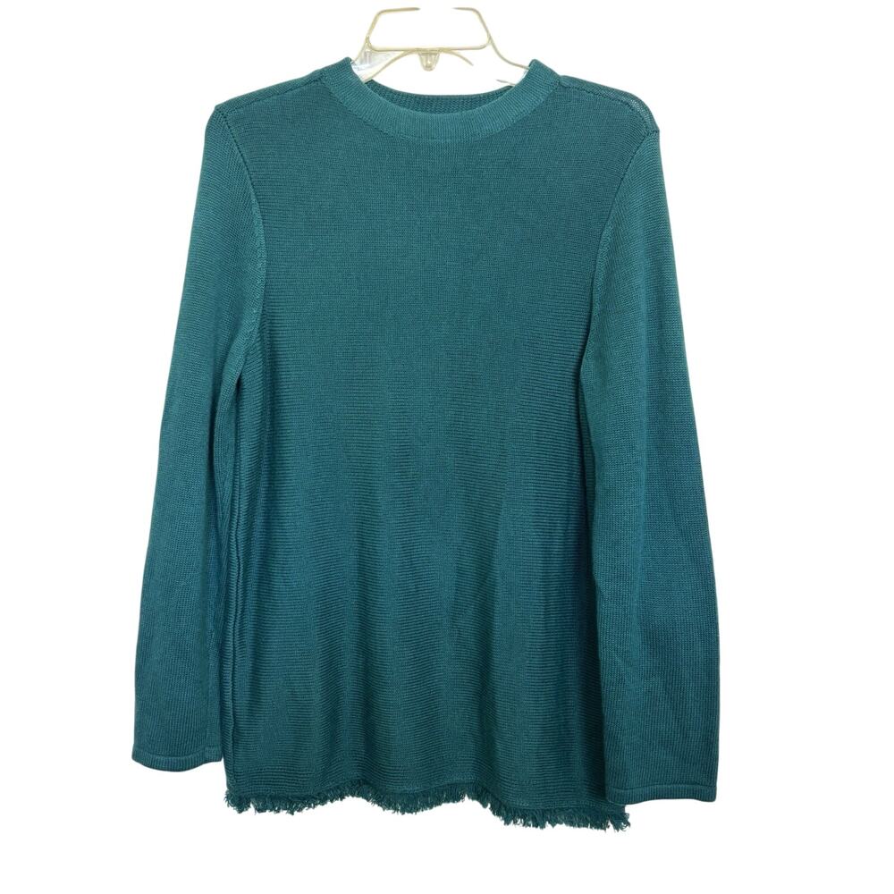 Chico’s Cashmere Blend Teal Crewneck Fringe Sweater Size 2 Large Comfy Casual